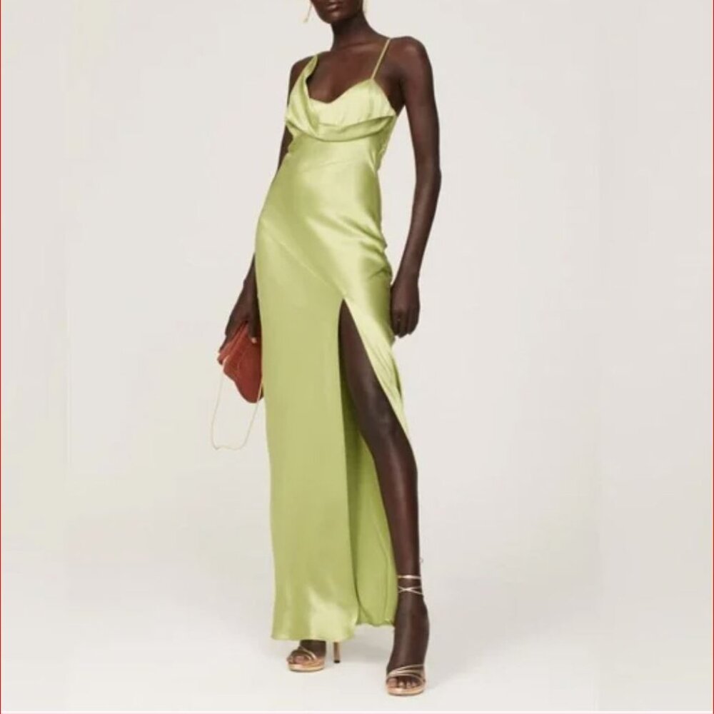 Nicholas Duna one-shoulder satin maxi dress gown slit olive green size 6